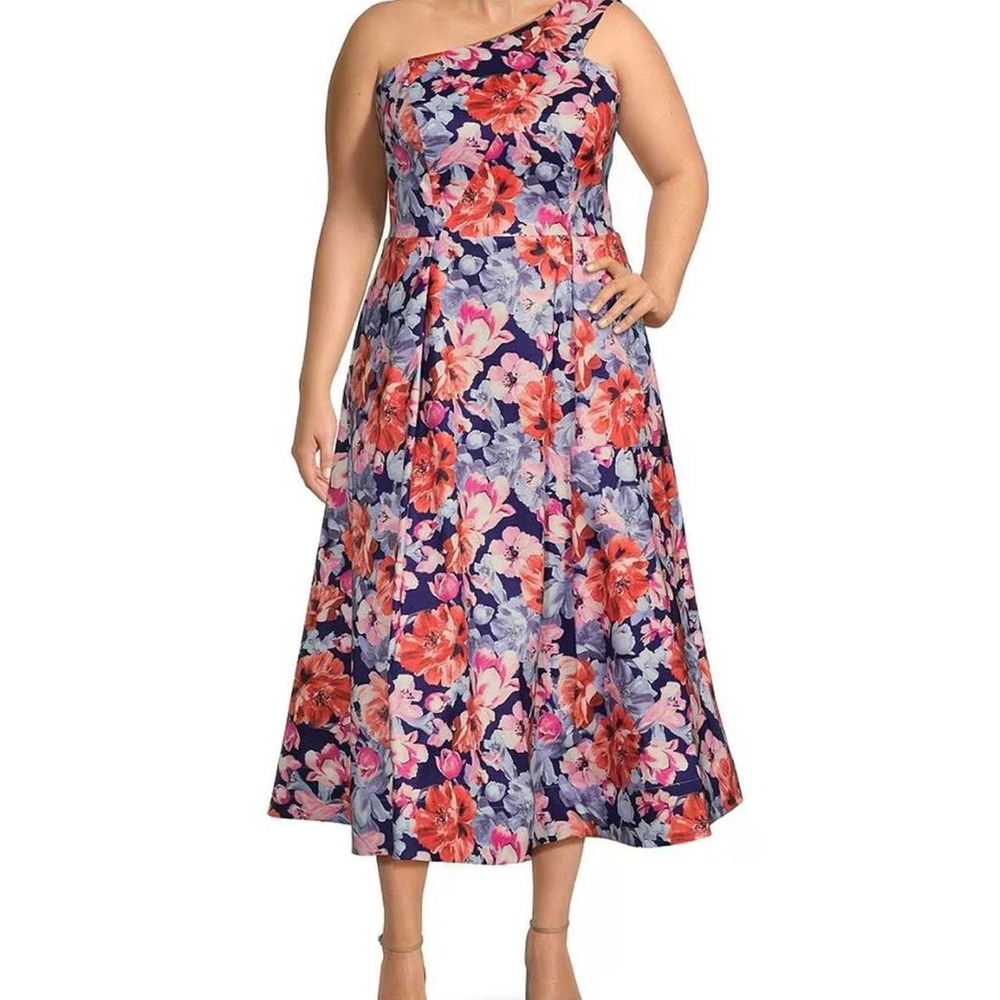 Marina One Shoulder Floral Stretch Taffeta Dress Women's 2X NWT Coquette Chic